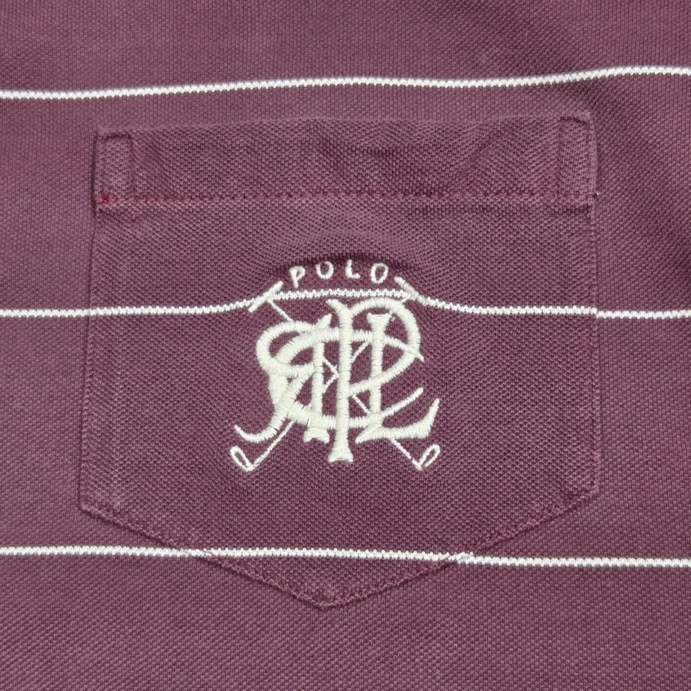 Polo Ralph Lauren Vintage Mens Polo Shirt Maroon Striped Made In USA‎ Button XL